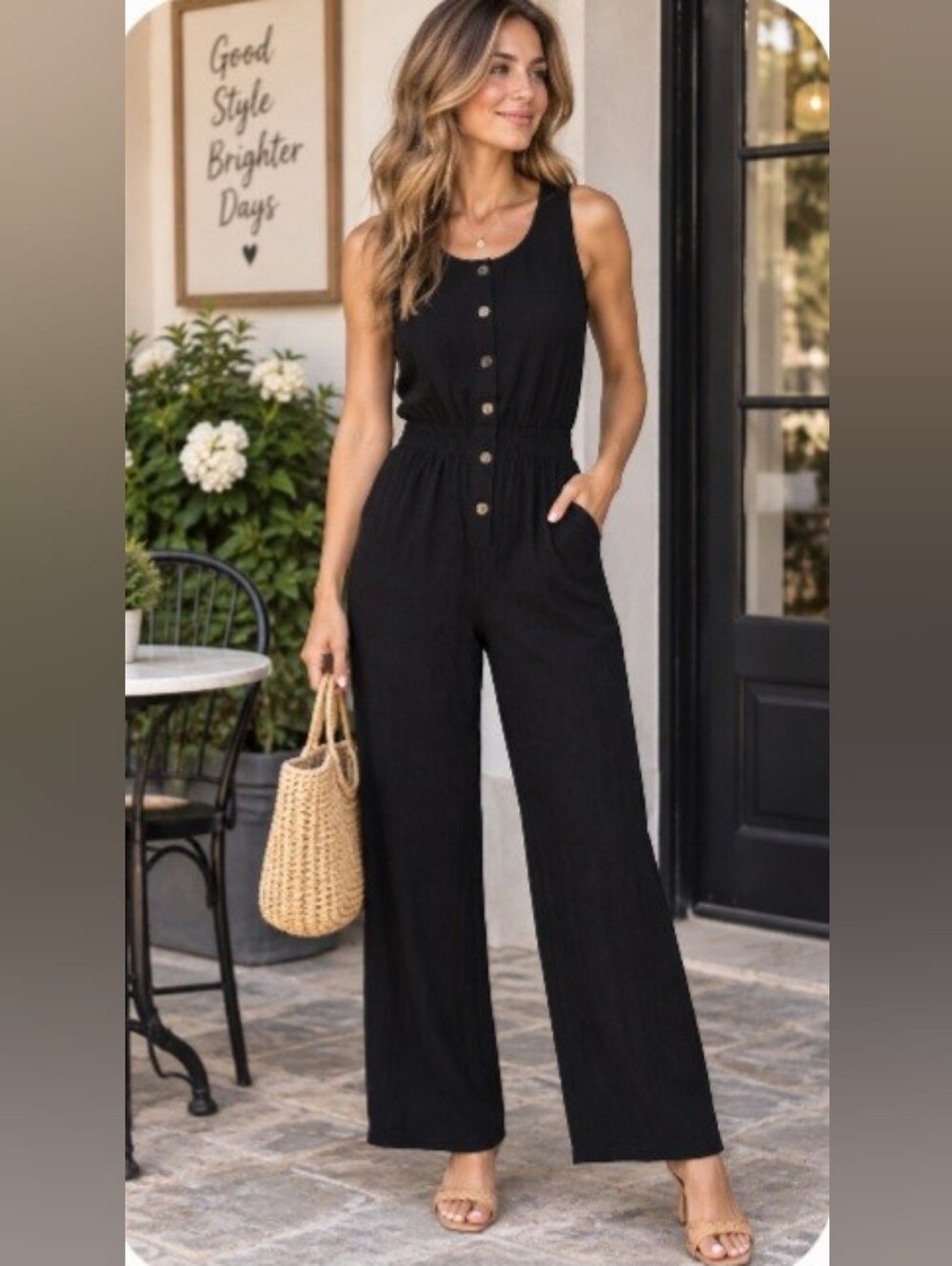 Callahan Black Sleeveless Button-Front Wide-Leg Jumpsuit